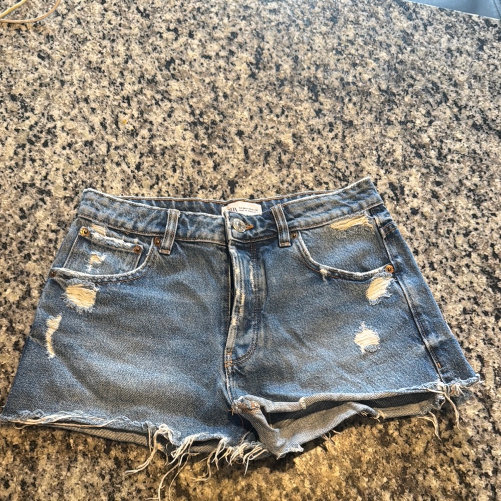 Zara Denim Blue Distressed Women Shorts button fly